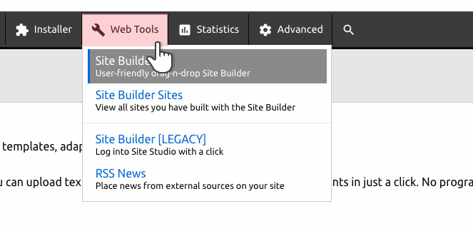 Where to find the Site Builder in the Control Panel